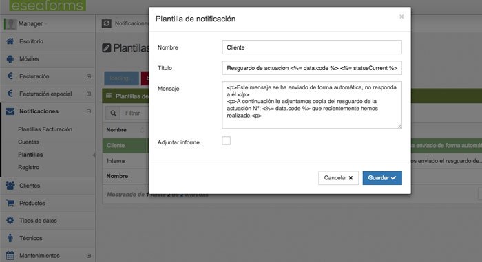 Plantillas Notificaciones partes de trabajo en tiempo real