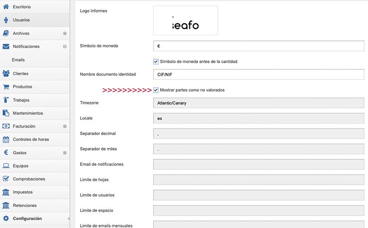Activar parte no valorado en configuración